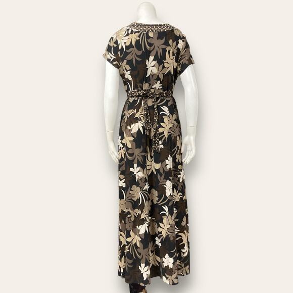 Brown Floral Print Empire Waist V-neck Stretchy Maxi Dress Medium - Picture 3 of 7
